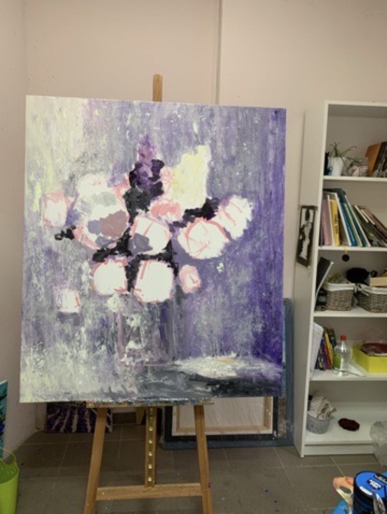 Flowers on a Purple Background. Bouquet of Joy during the painting process by Marina Stognieva